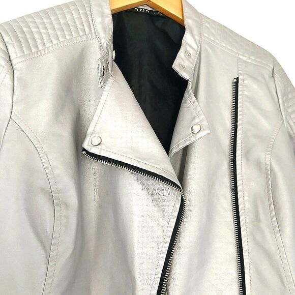 a.n.a. Silver Metallic Vegan Leather Motorcycle Jacket Asymmetrical Design - Picture 9 of 10